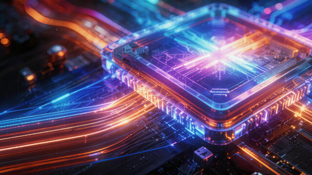 Futuristic AI Microchip with Glowing Neural Circuits, High-Resolution Tech Concept for Innovation and Artificial Intelligence Applications