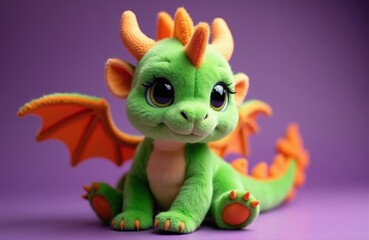 Obraz premium Green and orange baby dragon plush toy with large eyes and wings sits against purple background. This cute stuffed creature has soft fur and little horns on its head. It looks friendly and playful.