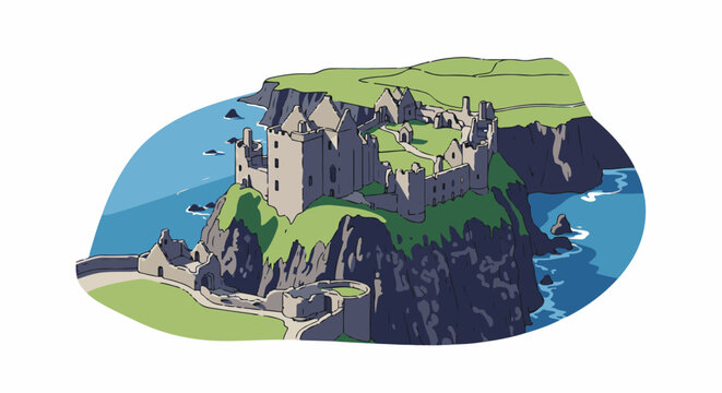 Ancient stone castle ruins perch atop a rugged cliff overlooking the blue sea