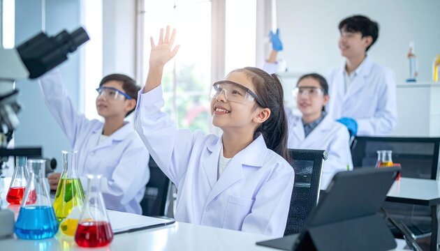 Young Asian students in a bright science lab with colorful chemicals. An eager girl raises her hand during a chemistry lesson. Ideal for STEM education and school learning themes.