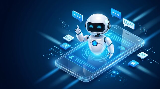 A small white robot character emerges from a digital smartphone screen to assist with online customer service and technical communication