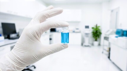 Obraz premium A gloved hand holds a small glass vial containing bright blue liquid in this high quality clinical research laboratory photo