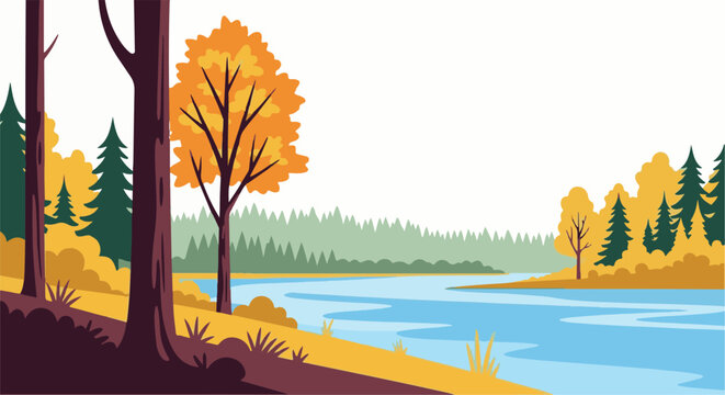 Autumn trees with vibrant foliage line a serene blue river under a clear sky