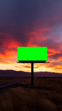 Green Screen Billboard on Desert Road at Colorful Sunset for Outdoor Advertising Mockup