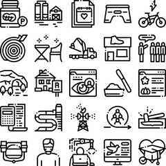 Fototapeta premium Diverse set of minimalist black and white outline icons illustrating various themes including service, industry, education, technology, and everyday life objects