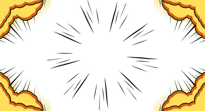 Comic book style background with dynamic speed lines and yellow explosion clouds at the corners. High-energy graphic element for action layouts, manga-inspired designs