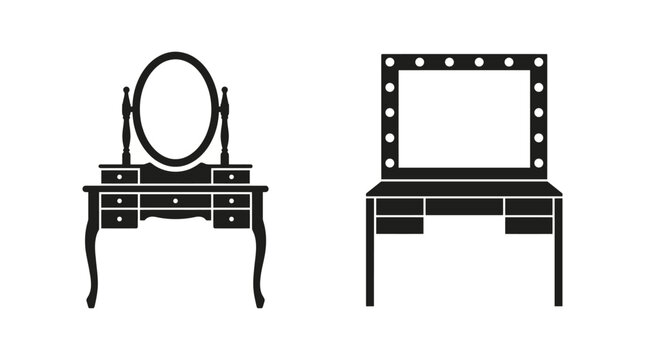 Elegant vintage vanity table silhouette with ornate oval mirror and modern Hollywood style makeup vanity silhouette with rectangular mirror lights, contrasting classic and furniture designs