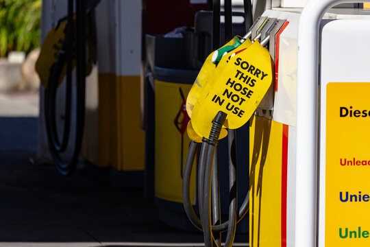 Fuel bowser for petrol and diesel showing sorry not in use sign because of fuel shortage