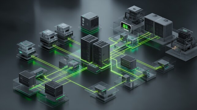 AI Data Center Infrastructure Network, Enterprise Cloud Computing Architecture with Connected Server Systems, Digital Infrastructure Platform, Distributed Computing Environment, Technology Ecosystem