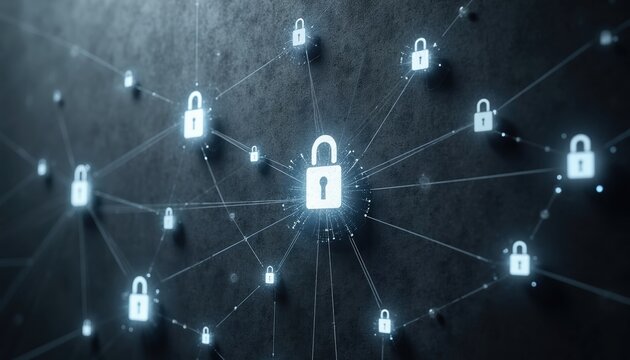 Digital network with glowing padlock icons interconnected data protection, cyber security. Abstract technology background displays secure connections, encrypted information, digital privacy. Global