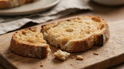 Fototapeta premium Crispy Texture: Crispy toast broken apart in natural light setting with visible crumbs 