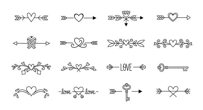 Set of hand-drawn romantic dividers and decorative elements featuring hearts, arrows, flowers, and keys in a black and white sketch style.