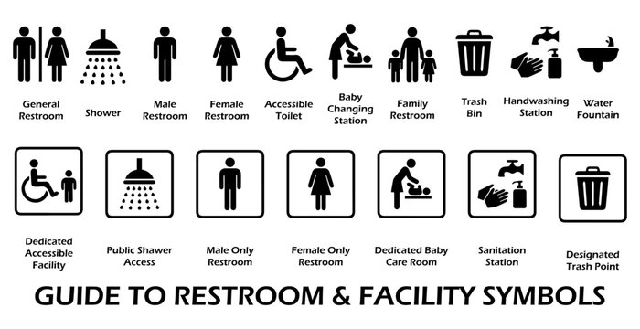 Restroom and facility signs vector infographic set. Public toilet symbols including male, female, accessible, shower, baby changing, and trash bin icons.