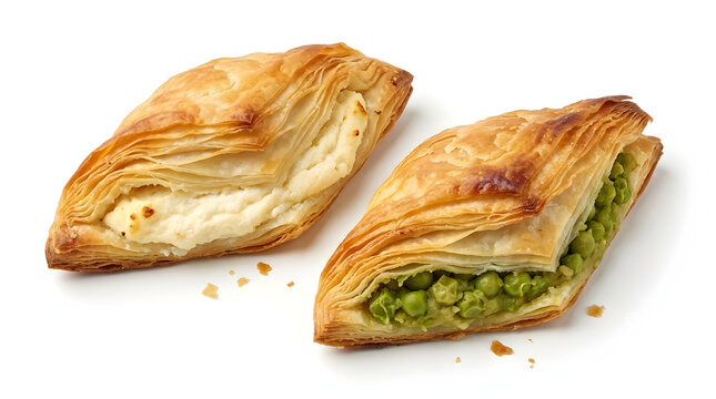Authentic Maltese Pastizzi pastries with flaky crust and ricotta pea filling, isolated on white background