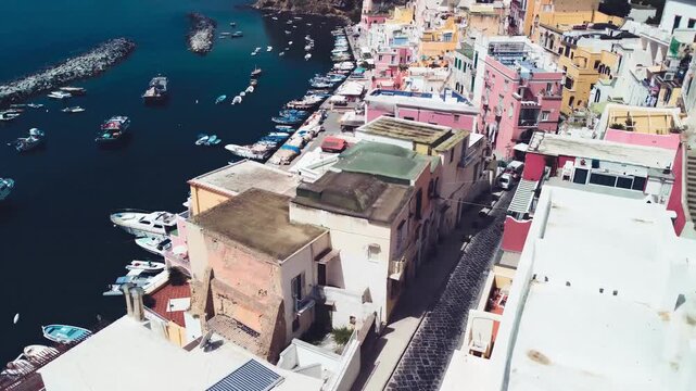 Majestic drone view of Procida old town on sunny summer day