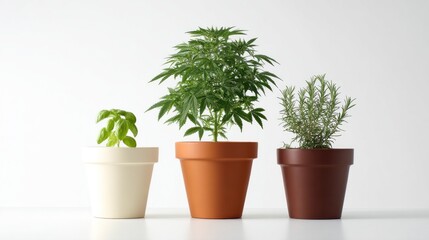 Fototapeta premium Three pots on a white surface showcase a basil seedling, a cannabis plant, and a rosemary plant