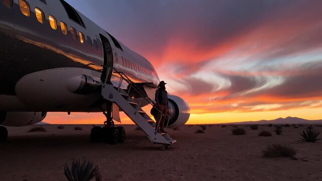 Traveler on airplane steps in desert during dramatic sunset