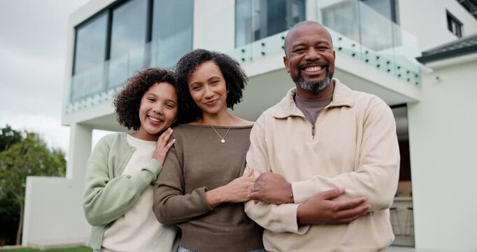 Face, family and happy outdoor by house for bonding, connection and solidarity on property. Smile, portrait and parents with child by home, together and unity with security, support and real estate