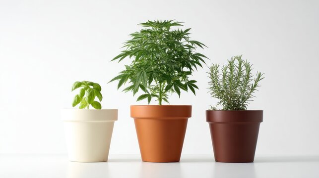Three pots on a white surface showcase a basil seedling, a cannabis plant, and a rosemary plant