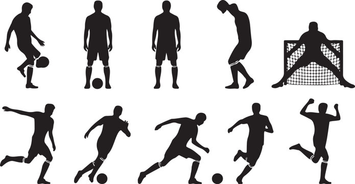 Soccer players and goalkeeper silhouettes collection with football actions and poses vector illustration set isolated on white background.