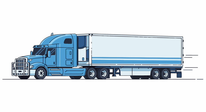 Blue semi-trailer truck moving forward on a white background