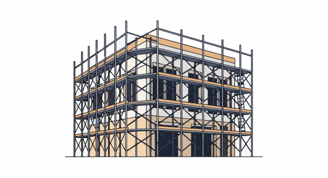 Building structure undergoing construction with scaffolding, a temporary structure