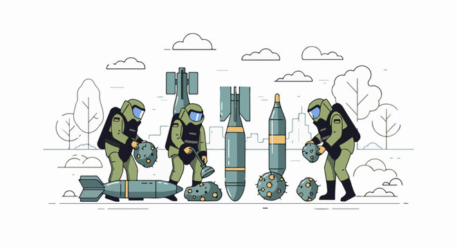 Bomb disposal experts in protective gear handling various explosive devices