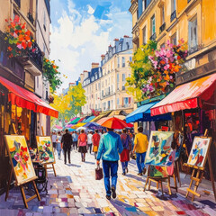Fototapeta premium Vibrant impressionist oil painting captures a sundrenched European art market. Bold textures and colors bring the bustling street scene to life, perfect for travel, art, and decor projects.