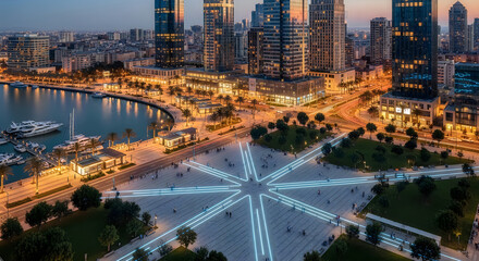 Fototapeta premium Modern cityscape with illuminated water fountain display at dusk in urban park