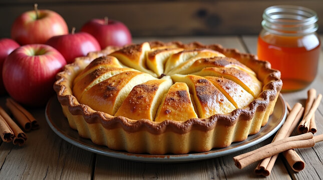Freshly baked apple pie with cinnamon and honey