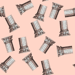 Fototapeta premium pattern Ancient corinthian column capital and fluted shaft, illustrating classical architectural elements with decorative acanthus leaves and volutes in a hand drawn line art style