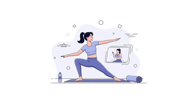Woman practicing yoga at home with online virtual class