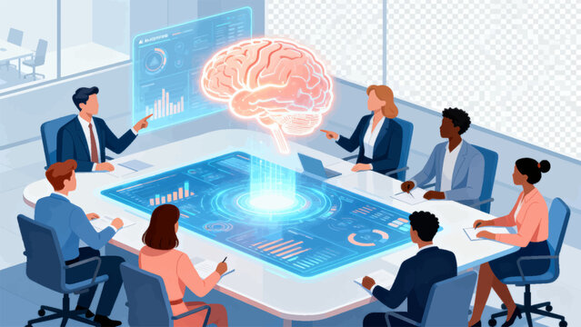 Business team analyzing artificial intelligence human brain hologram in meeting