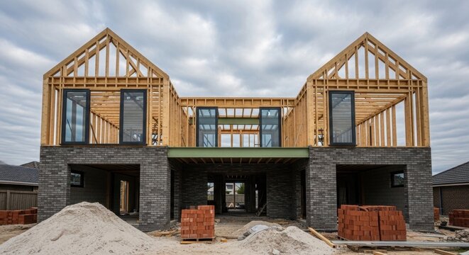 New Residential House Construction Site Featuring Timber Framing and Brick Foundation Under a Cloudy Sky