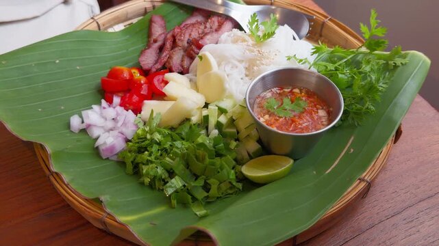 Authentic Thai Rice Noodle Salad with Grilled Pork and Spicy Dressing &ndash; Cinematic Food Close-up