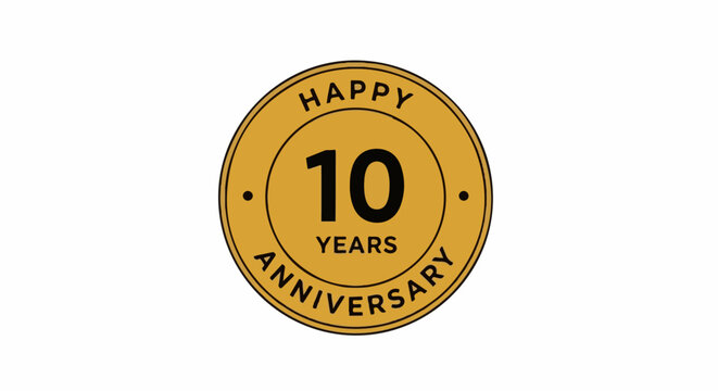 Circular golden badge celebrating a ten-year milestone with bold text
