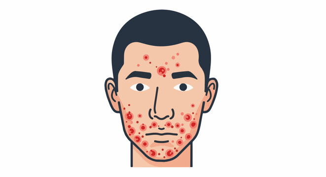 Close-up cartoon illustration of a young man's face with acne