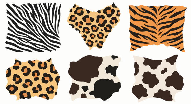 Collection of animal print fabric swatches zebra, leopard, tiger, and cow