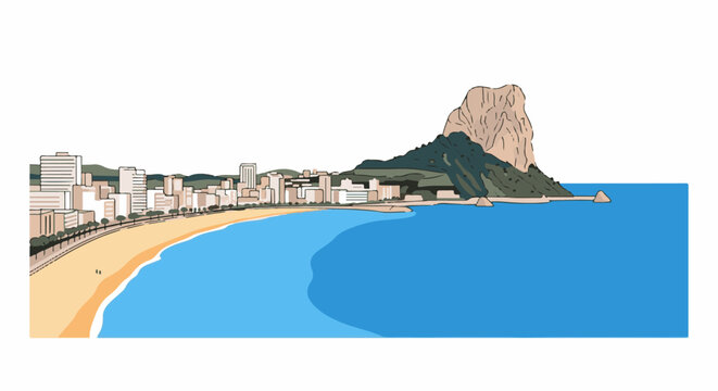 Coastal cityscape with a prominent rock formation and a sandy beach