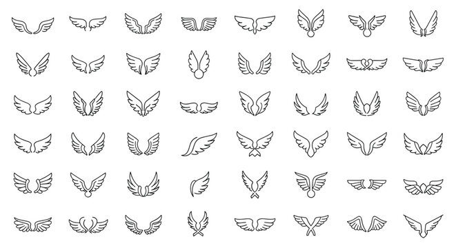 Large collection of diverse wing sketches in various styles ranging from simple minimalist outlines to detailed feathered wing designs.