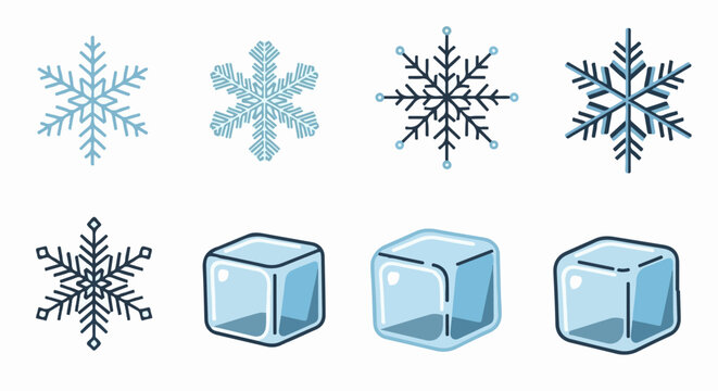 Collection of stylized snowflakes and ice cubes in various blue tones