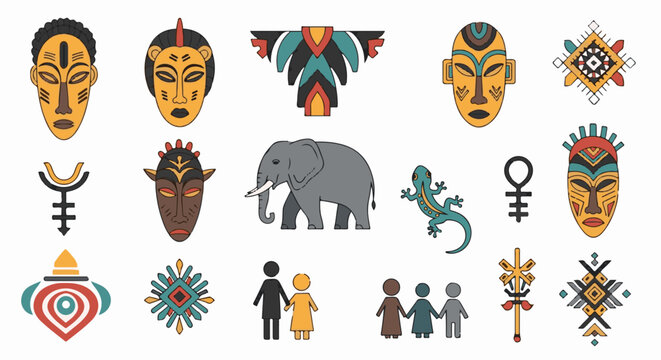 Collection of tribal masks, animals, symbols, and geometric patterns