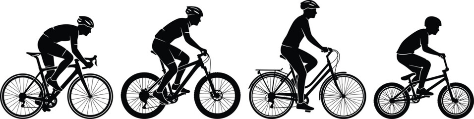 Fototapeta premium Cyclist Silhouette Vector Set Featuring Professional Road Racing Mountain Biking City Commuting and BMX Riders for Sports and Fitness Website DesignsCyclist Silhouette Vector Set Featuring Professiona