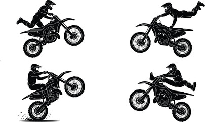 Freestyle Motocross Silhouette Vector Set Featuring Extreme Dirt Bike Stunts Midair Jumps and Motorcycle Acrobatics for Motorsport Event Poster DesignsFreestyle Motocross Silhouette Vector Set Featuri © Sonjoy