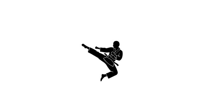 Karate silhouette dynamic kick in mid air black on white background