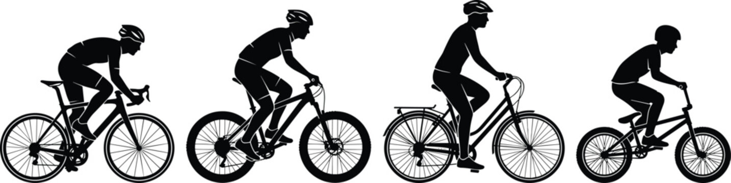 Cyclist Silhouette Vector Set Featuring Professional Road Racing Mountain Biking City Commuting and BMX Riders for Sports and Fitness Website DesignsCyclist Silhouette Vector Set Featuring Professiona