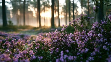 Obraz premium Mist-shrouded trees in a forest, purple wildflowers blooming on the forest floor. A background image with themes of nature, health, inspiration, ecology, and seasonal themes