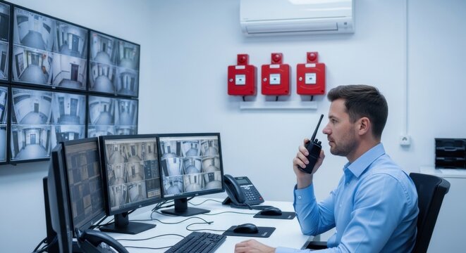 Security guard monitoring multiple CCTV screens in a high-tech control room with fire alarms