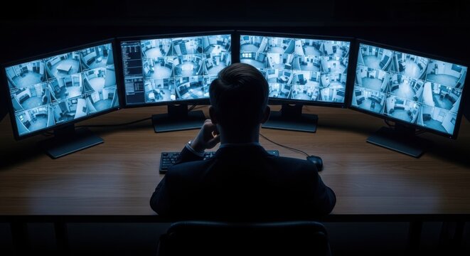 Security operator intently monitoring multiple live surveillance camera feeds on multiple screens in a dimly lit control room