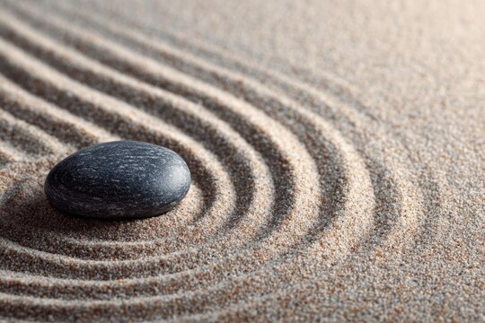 Single smooth black stone on raked sand with circular pattern zen garden close up